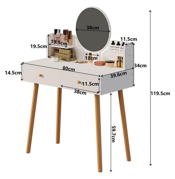 Kosmetická toaleta se zrcadlem, bílá, na make-up, velká, se zásuvkami na kosmetiku