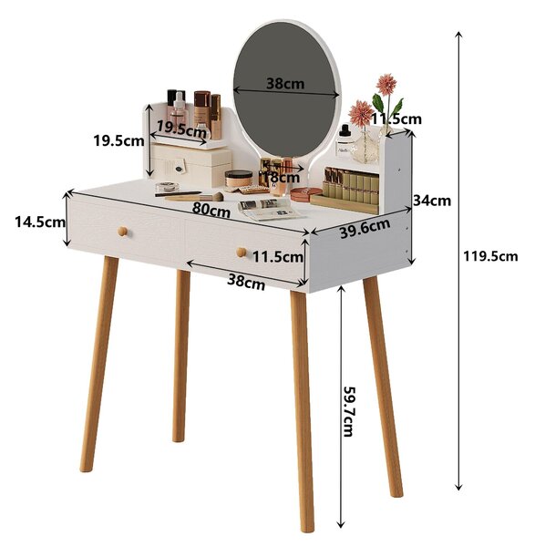 Kosmetický stolek o šířce 80 cm s toaletním zrcadlem, bílé barvy, s prostornými zásuvkami v industriálním stylu