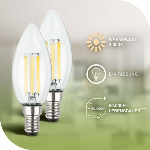 BRILONER EEK A 2ks sada E14 LED žárovka, třída A, Filament, 50.000h, 840lm, 4W, teple bílé světlo, svíčka 0553004