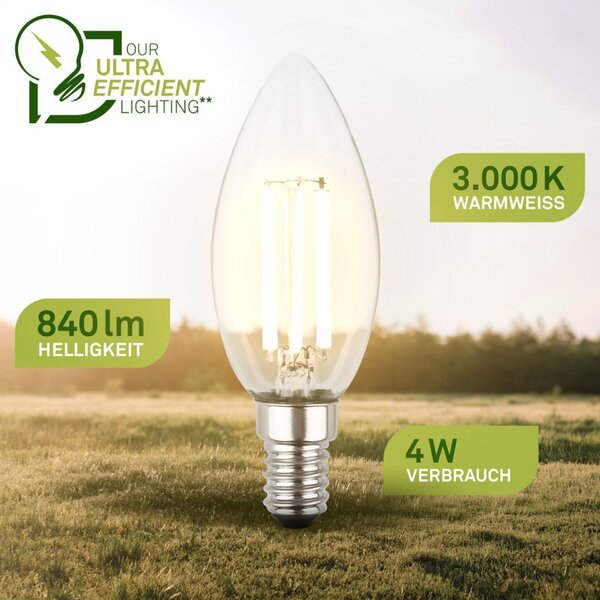 BRILONER EEK A 2ks sada E14 LED žárovka, třída A, Filament, 50.000h, 840lm, 4W, teple bílé světlo, svíčka 0553004
