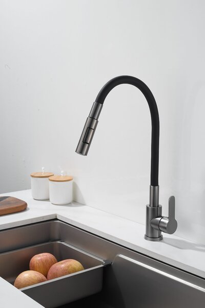 Gamma Flex 4000, stojánková dřezová baterie s flexibilním ramenem, 2-funkční výtok, černá-grafitová, GMA-BFX-4000GM