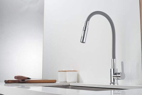 Gamma Flex 4000, stojánková dřezová baterie s flexibilním ramenem, 2-funkční výtok, šedá-chrom, GMA-BFX-4000G