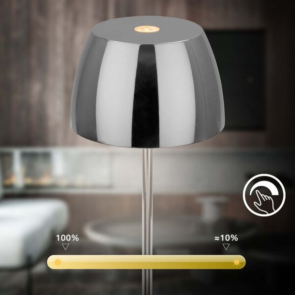 BRILONER LED nabíjecí stolní lampička Serina Mini, bezdrátová, 20cm, IP44, 2,5W, stmívatelné, dotykový vypínač, chrom 7503018