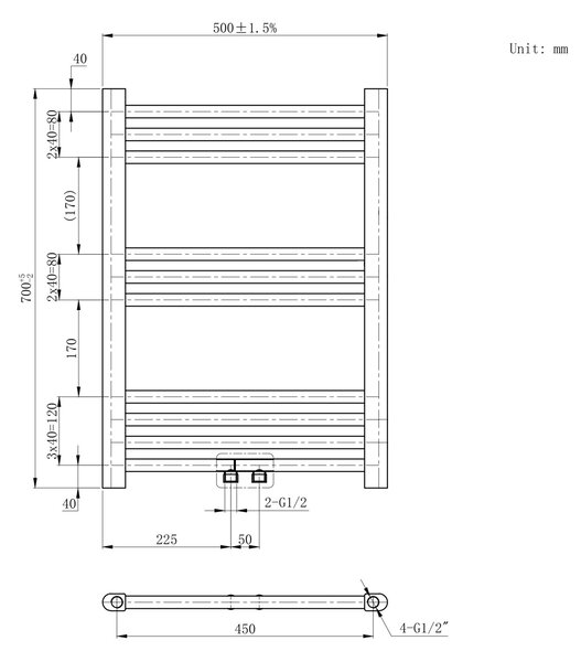 Gamma Simple, topné těleso 500x700 mm, 275 W, zlatá matná, GMA-SIMP-7050-BGD
