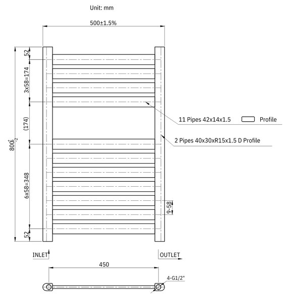 Gamma Artic, topné těleso 500x800 mm, 327 W, černá matná, GMA-ARCT-8050-BK