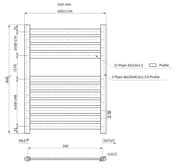 Gamma Artic, topné těleso 600x800 mm, 382 W, černá matná, GMA-ARCT-8060-BK