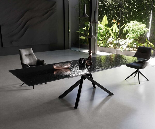 DELIFE Jídelní stůl Edge 200-300x100 sklo s reliéfem kouřově černé 3D design kovová křížová podnož obdélníkový černý rozkládací