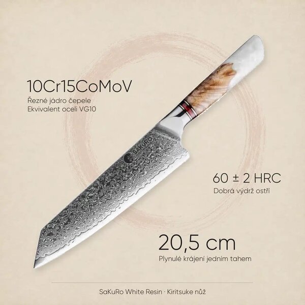 Kiritsuke nůž z damaškové oceli SaKuRo White Resin 20,5 cm