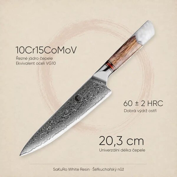 Japonský šéfkuchařský nůž z damaškové oceli SaKuRo White Resin 20,3 cm