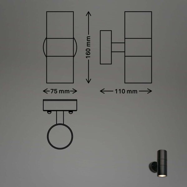 BRILONER Venkovní nástěnné svítidlo, IP54 voděodolné a prachotěsné, Up/Down, 16cm výška, černá 3792025