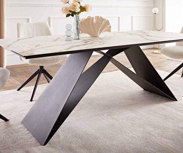 DELIFE Jídelní stůl Edge 200x100 keramika Calacatta Luxe bílá-zlatá-šedá podnož ve tvaru V plochá ocel černá