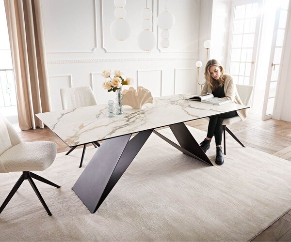 DELIFE Jídelní stůl Edge 200x100 keramika Calacatta Luxe bílá-zlatá-šedá podnož ve tvaru V plochá ocel černá