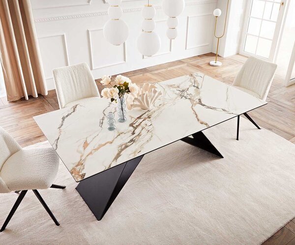 DELIFE Jídelní stůl Edge 200x100 keramika Calacatta Luxe bílá-zlatá-šedá podnož ve tvaru V plochá ocel černá