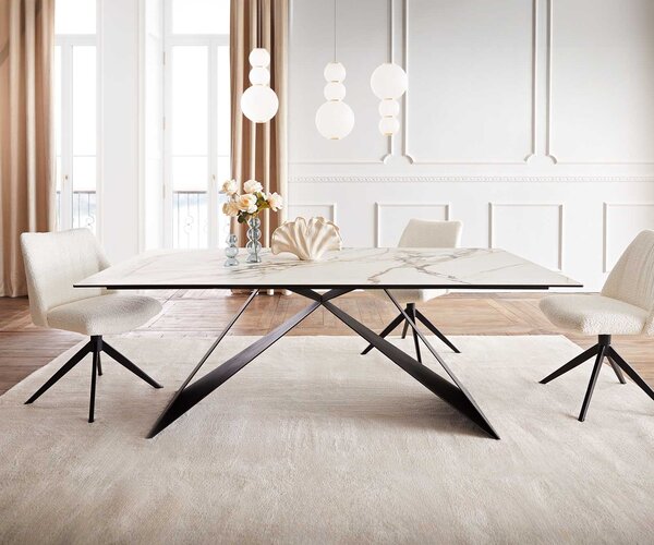 DELIFE Jídelní stůl Edge 200x100 keramika Calacatta Luxe bílá-zlatá-šedá podnož ve tvaru V plochá ocel černá