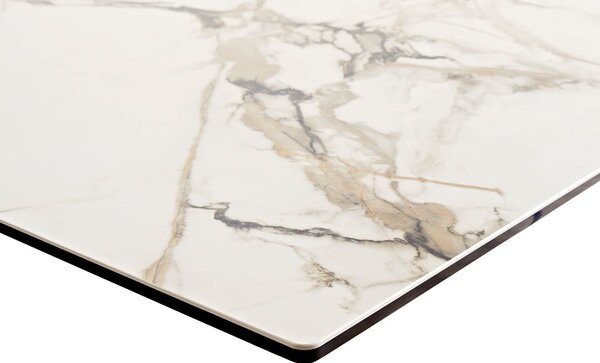 DELIFE Jídelní stůl Edge 200x100 keramika Calacatta Luxe bílá-zlatá-šedá podnož ve tvaru V plochá ocel černá