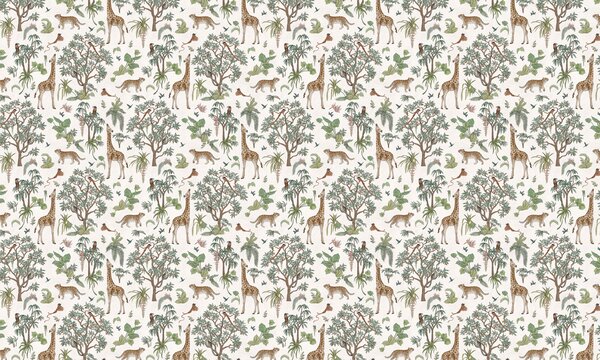 FUGU Dětská tapeta Výprava mezi zvířata – Jungle Frenzy White Materiál: Digitální eko vlies - klasická tapeta nesamolepicí