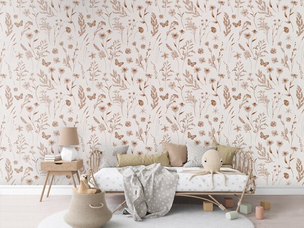 FUGU Tapeta pro děti Luční květiny v sépii – Country Flowers Sepia Materiál: Digitální eko vlies - klasická tapeta nesamolepicí