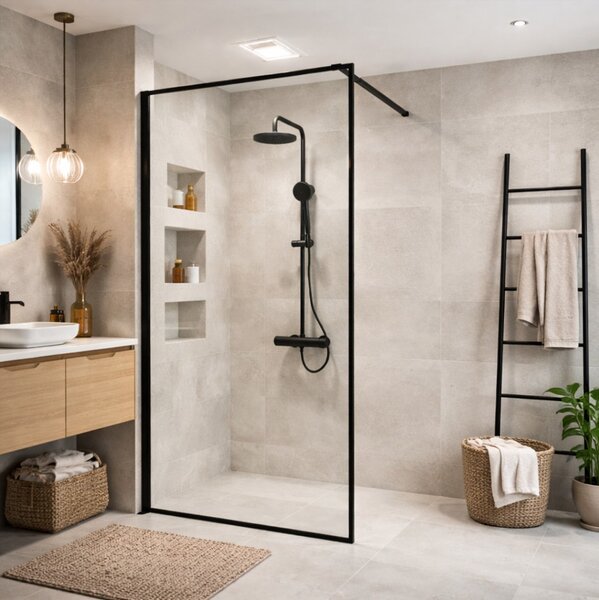 Erga Paris, sprchová zástěna Walk-In 50x200 cm v černém rámu, 8mm čiré sklo, černý profil, ERG-V02-PARIS-050x200-BF