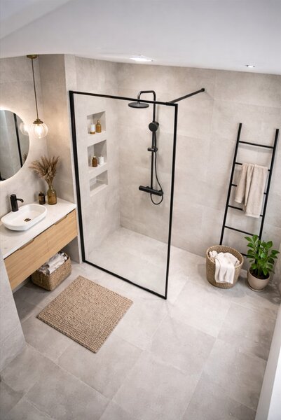 Erga Paris, sprchová zástěna Walk-In 50x200 cm v černém rámu, 8mm čiré sklo, černý profil, ERG-V02-PARIS-050x200-BF