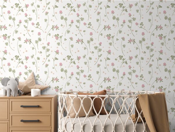 FUGU Tapeta do dětského pokoje Jetelová louka – Clover Meadow Materiál: Digitální eko vlies - klasická tapeta nesamolepicí