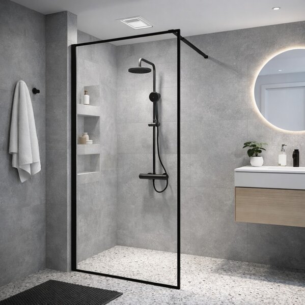 Erga Paris, sprchová zástěna Walk-In 50x200 cm v černém rámu, 8mm čiré sklo, černý profil, ERG-V02-PARIS-050x200-BF