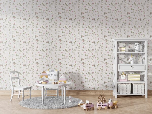 FUGU Tapeta do dětského pokoje Jetelová louka – Clover Meadow Materiál: Digitální eko vlies - klasická tapeta nesamolepicí