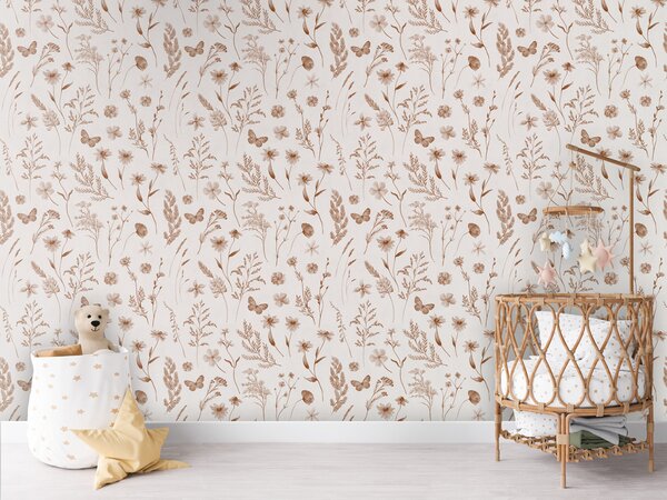 FUGU Tapeta pro děti Luční květiny v sépii – Country Flowers Sepia Materiál: Digitální eko vlies - klasická tapeta nesamolepicí