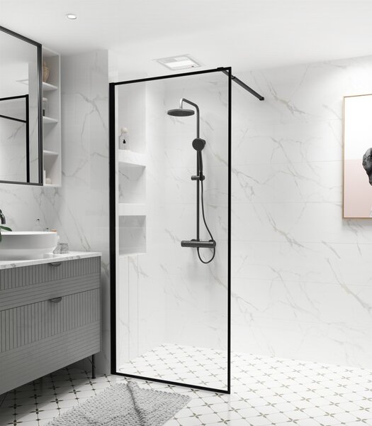 Erga Paris, sprchová zástěna Walk-In 50x200 cm v černém rámu, 8mm čiré sklo, černý profil, ERG-V02-PARIS-050x200-BF