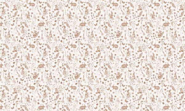 FUGU Tapeta Zajíčci mezi květinami v sépii – Country Rabbits Sepia Materiál: Digitální eko vlies - klasická tapeta nesamolepicí