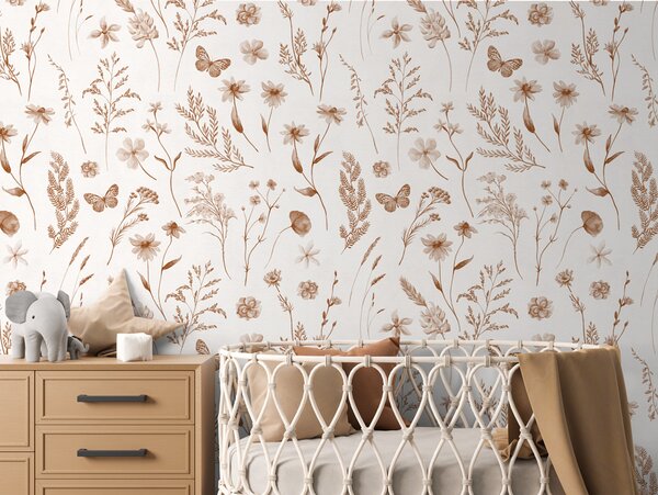 FUGU Tapeta pro děti Luční květiny v sépii – Country Flowers Sepia Materiál: Digitální eko vlies - klasická tapeta nesamolepicí