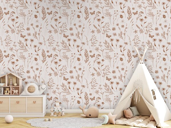 FUGU Tapeta pro děti Luční květiny v sépii – Country Flowers Sepia Materiál: Digitální eko vlies - klasická tapeta nesamolepicí