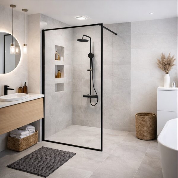 Erga Paris, sprchová zástěna Walk-In 50x200 cm v černém rámu, 8mm čiré sklo, černý profil, ERG-V02-PARIS-050x200-BF