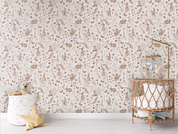 FUGU Tapeta Zajíčci mezi květinami v sépii – Country Rabbits Sepia Materiál: Digitální eko vlies - klasická tapeta nesamolepicí