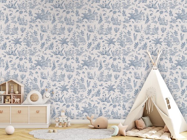 FUGU Tapeta pro děti s liškami modrá – Fun Foxes Blue Materiál: Digitální eko vlies - klasická tapeta nesamolepicí
