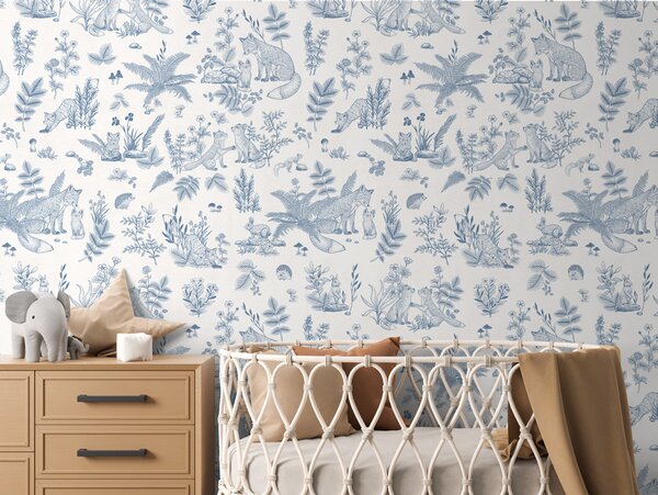 FUGU Tapeta pro děti s liškami modrá – Fun Foxes Blue Materiál: Digitální eko vlies - klasická tapeta nesamolepicí