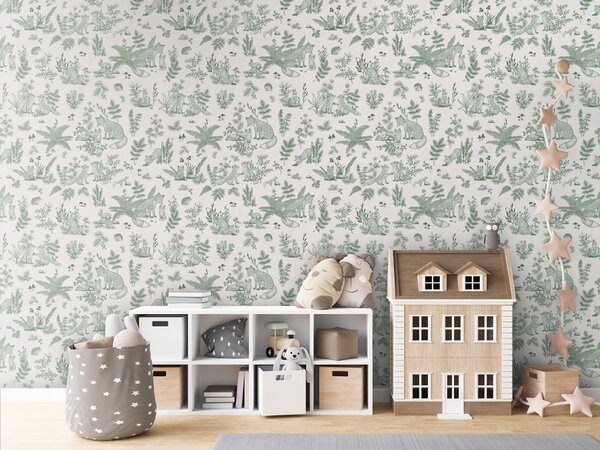FUGU Dětská tapeta s liškami zelená – Fun Foxes Green Materiál: Digitální eko vlies - klasická tapeta nesamolepicí