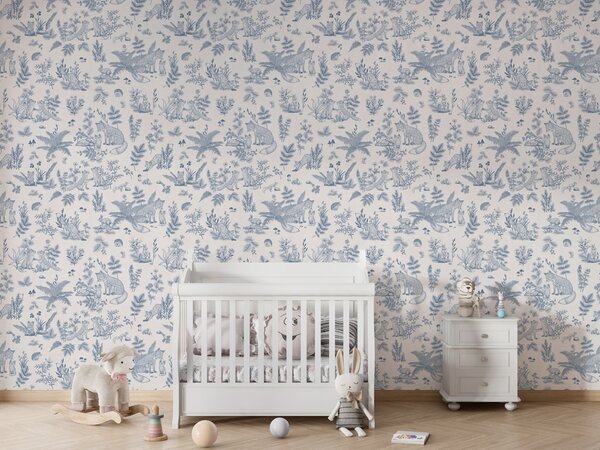 FUGU Tapeta pro děti s liškami modrá – Fun Foxes Blue Materiál: Digitální eko vlies - klasická tapeta nesamolepicí