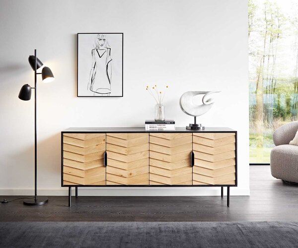 DELIFE Komoda Muvi 175 cm dub přírodní mango černý kov černý 4 dvířka