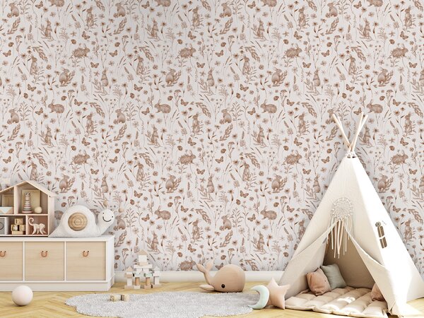FUGU Tapeta Zajíčci mezi květinami v sépii – Country Rabbits Sepia Materiál: Digitální eko vlies - klasická tapeta nesamolepicí