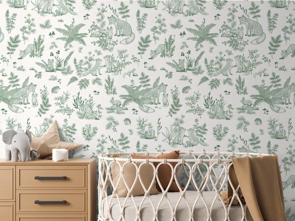 FUGU Dětská tapeta s liškami zelená – Fun Foxes Green Materiál: Digitální eko vlies - klasická tapeta nesamolepicí