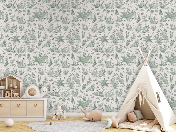 FUGU Dětská tapeta s liškami zelená – Fun Foxes Green Materiál: Digitální eko vlies - klasická tapeta nesamolepicí
