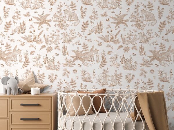 FUGU Designová dětská tapeta s liškami – Fun Foxes Sepia Materiál: Digitální eko vlies - klasická tapeta nesamolepicí