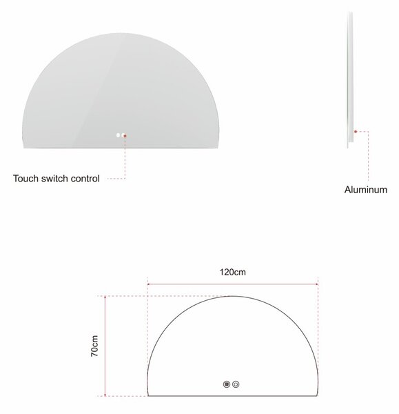 Erga Kori, půlkruhové LED zrcadlo 70x120cm, 2760 lm, 3 barvy světla, ERG-V01-KORI-7012-CL
