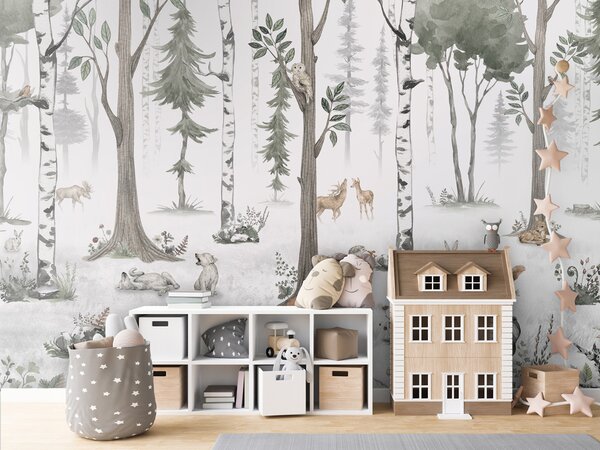 FUGU Dětská tapeta Světlý les se zvířátky – White Woodland Materiál: Digitální eko vlies - klasická tapeta nesamolepicí