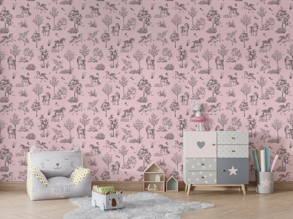 FUGU Dětská tapeta Jednorožci a stromy – Amazing Unicorns Black Pink Materiál: Digitální eko vlies - klasická tapeta nesamolepicí