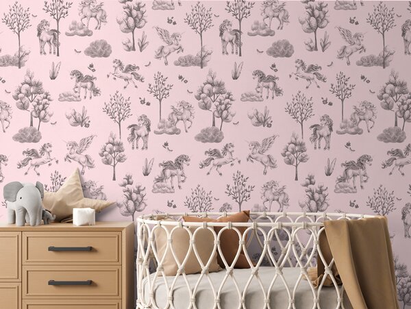 FUGU Dětská tapeta Jednorožci a stromy – Amazing Unicorns Black Pink Materiál: Digitální eko vlies - klasická tapeta nesamolepicí