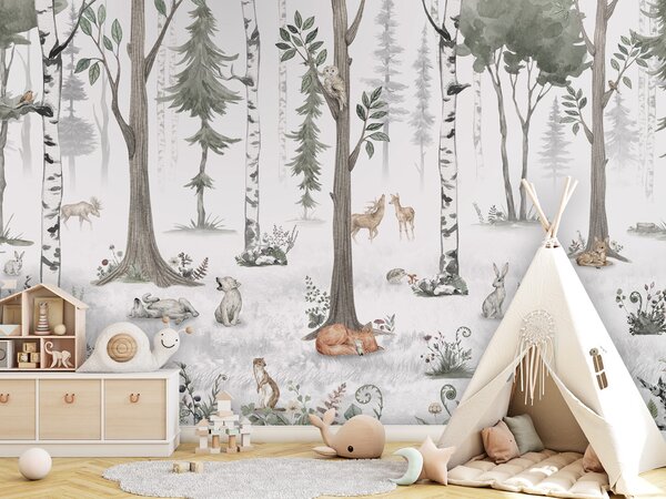 FUGU Dětská tapeta Světlý les se zvířátky – White Woodland Materiál: Digitální eko vlies - klasická tapeta nesamolepicí