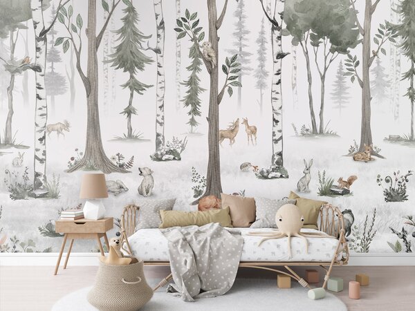 FUGU Dětská tapeta Světlý les se zvířátky – White Woodland Materiál: Digitální eko vlies - klasická tapeta nesamolepicí