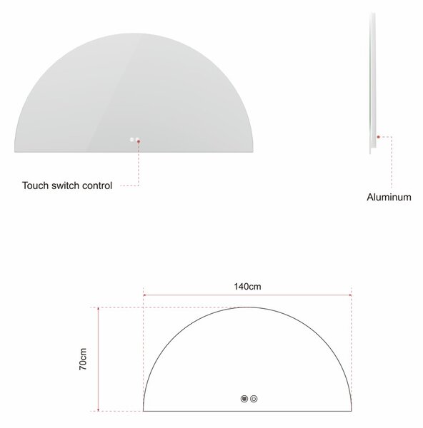 Erga Kori, půlkruhové LED zrcadlo 70x140cm, 2875 lm, 3 barvy světla, ERG-V01-KORI-7014-CL