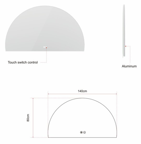 Erga Kori, půlkruhové LED zrcadlo 80x140cm, 3105 lm, 3 barvy světla, ERG-V01-KORI-8014-CL